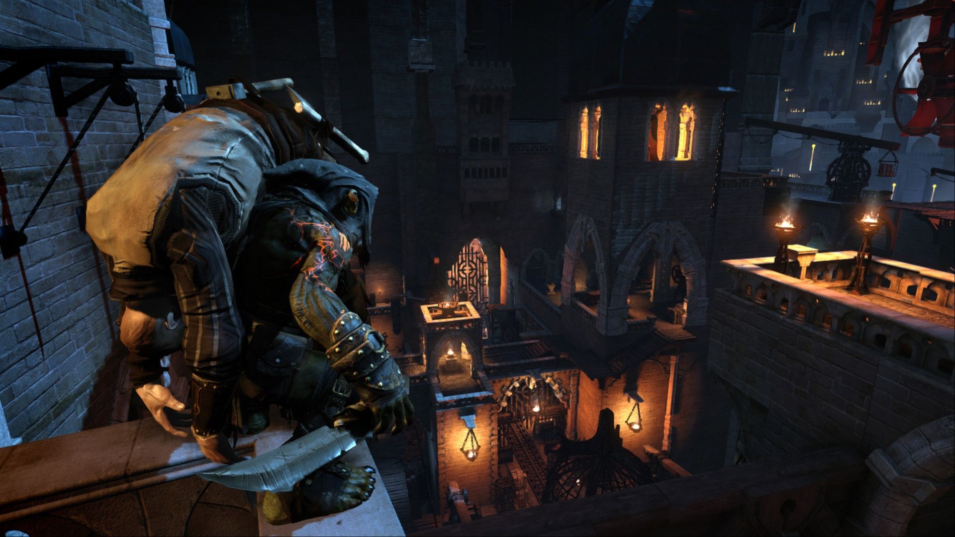 Styx looking down at the castle in the dead of night in Styx: Master of Shadows.