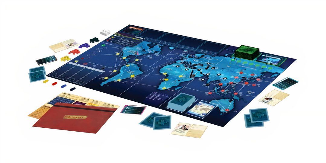 The Pandemic Legacy Season 1 board set up and ready to play.