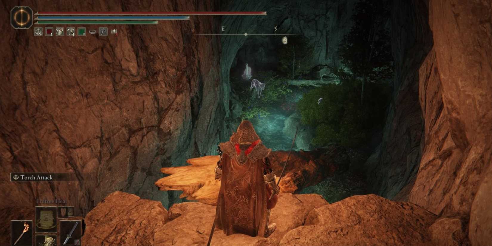 The player stands on a ledge inside Spiritcaller cave, looking down at a spiritcaller snail and their summoned wolf spirit.