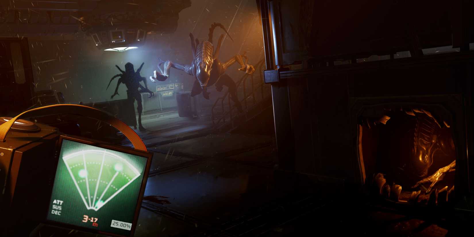 Three Xenomorphs popping out to attack the main character with a tracker in Alien Rogue Incursion.