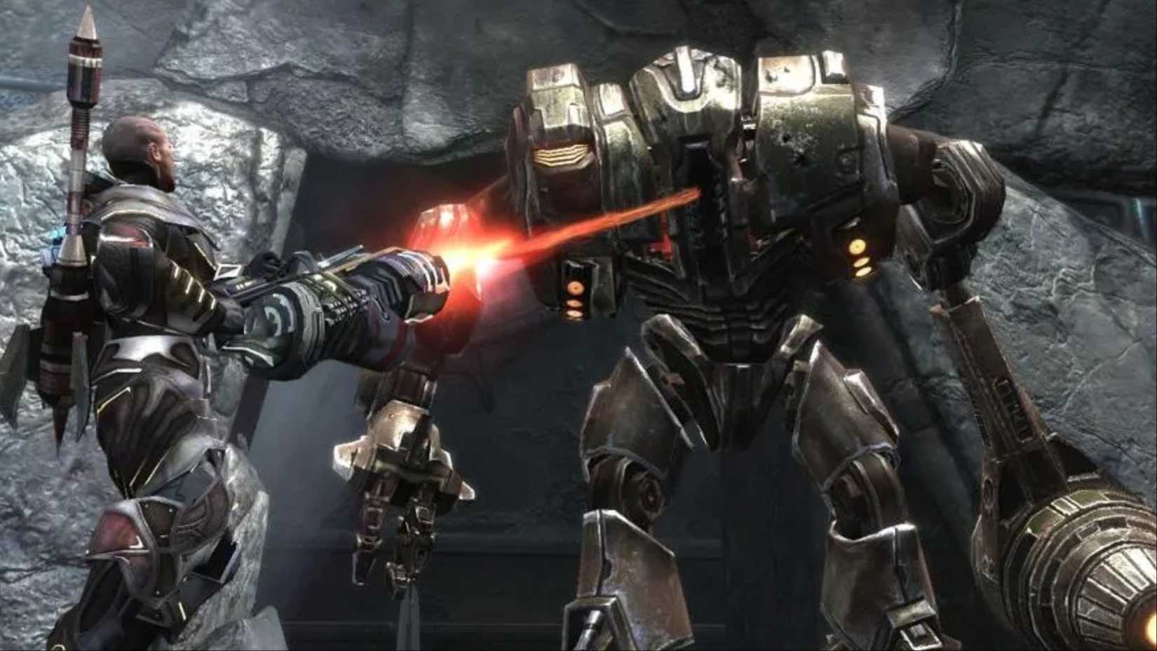 Balder shooting laser canon in a huge robot in many human beings.