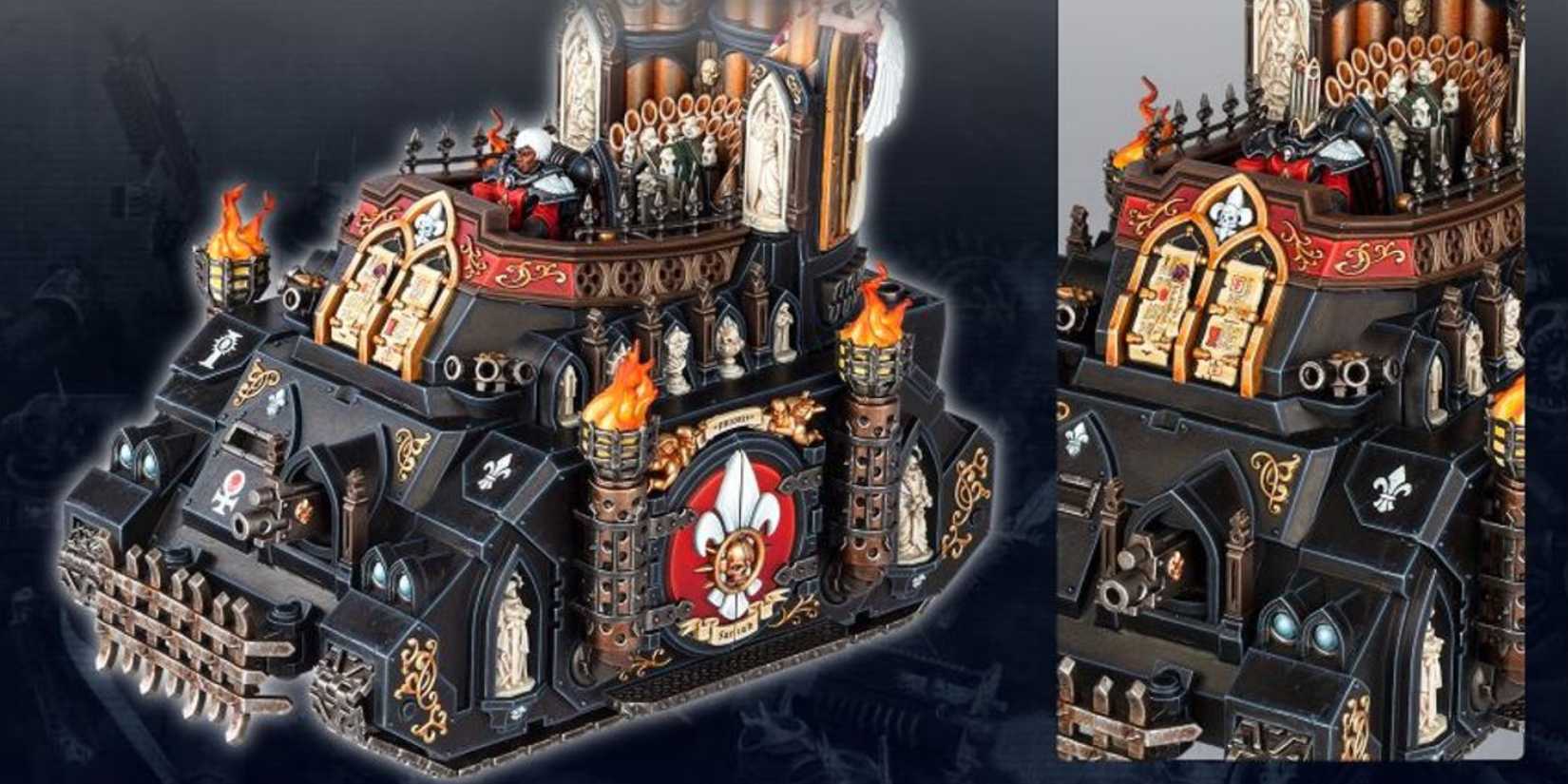 side-by-side images show the body and details of the sororitas exorcist tank in warhammer 40k.