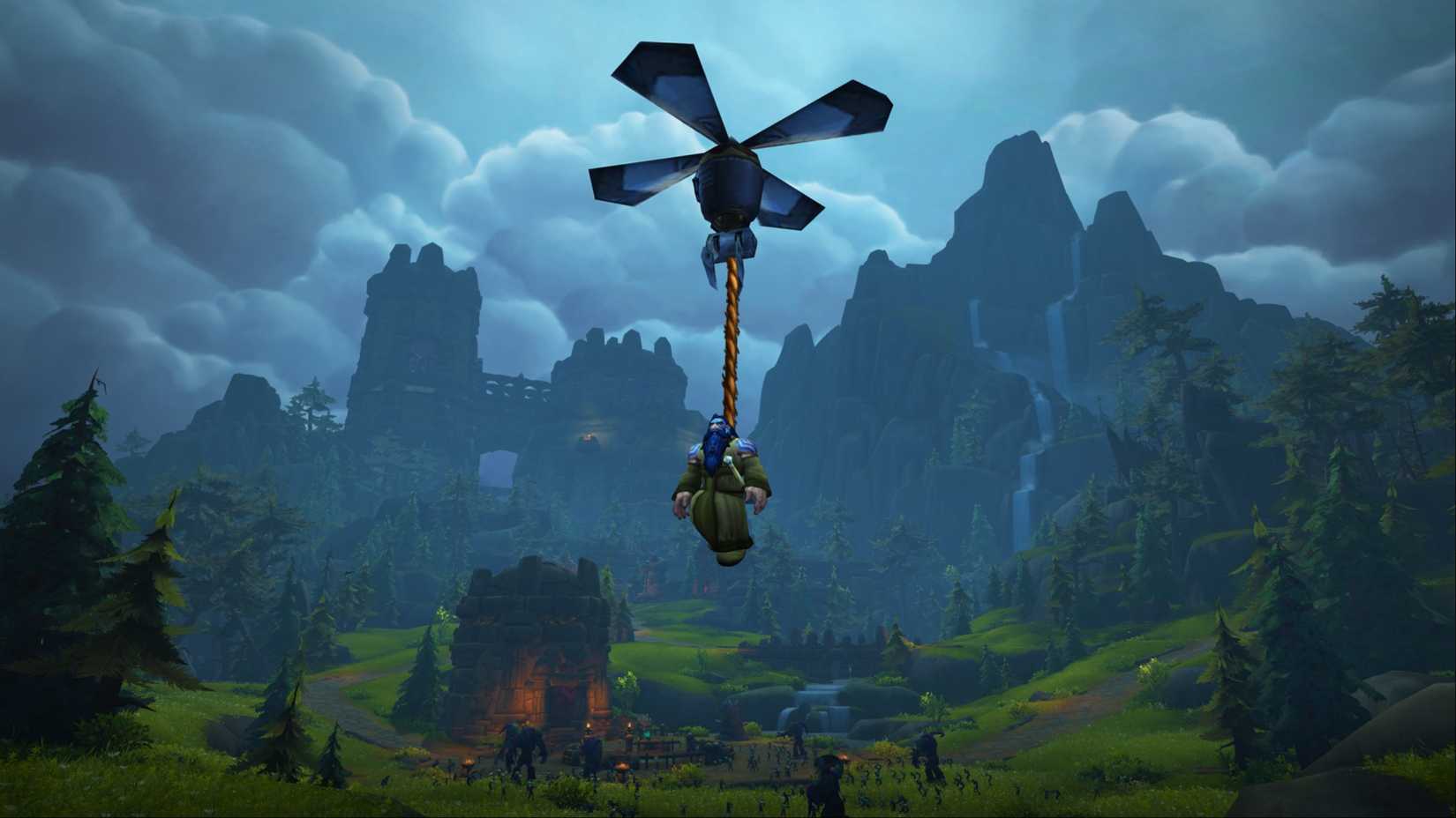 A Dad a Bad hanging from a scout-o-matic 5000 to surveer of the Warcraft