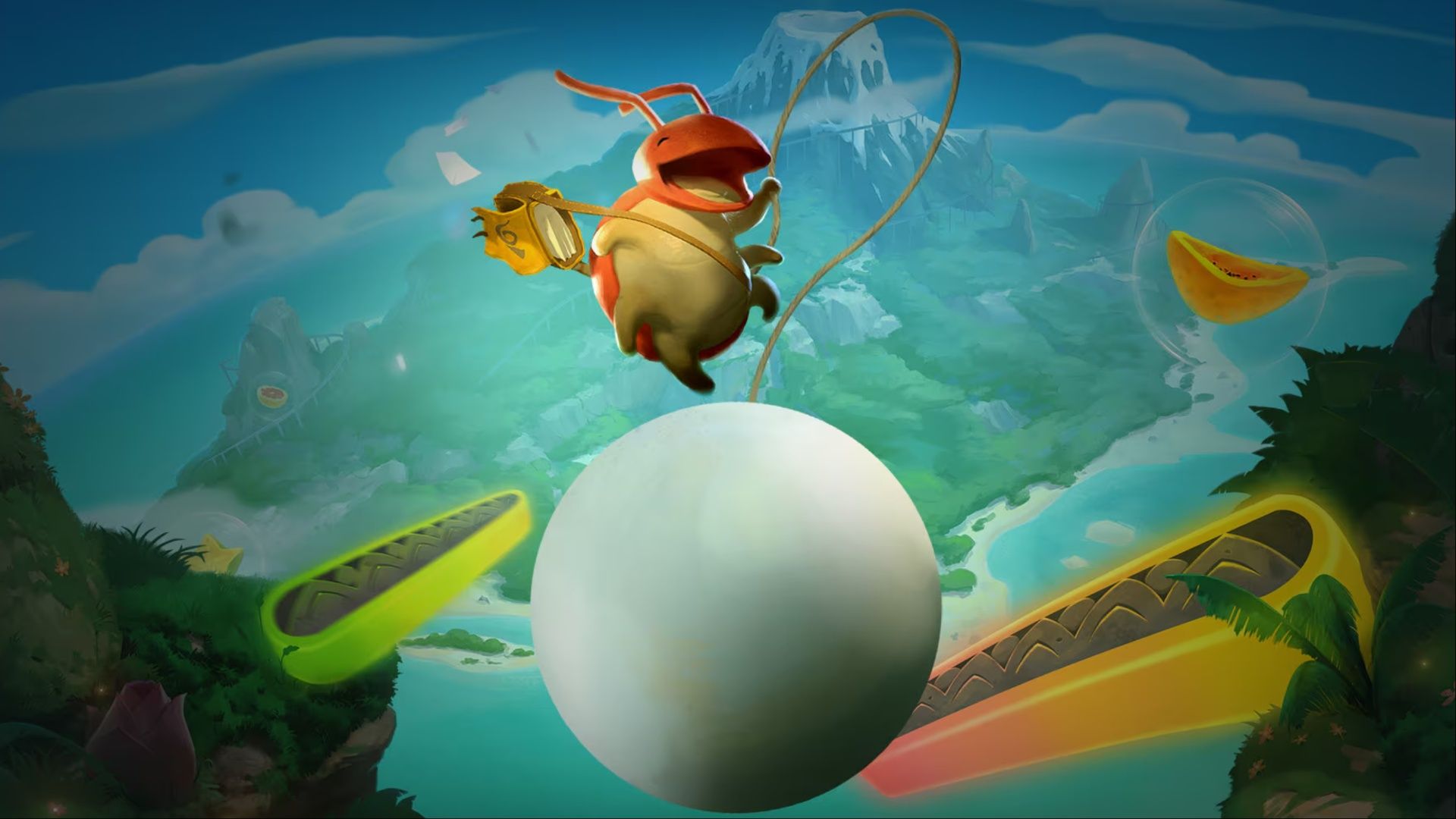 Yoku balancing on a ball in Yoku's Island Express.