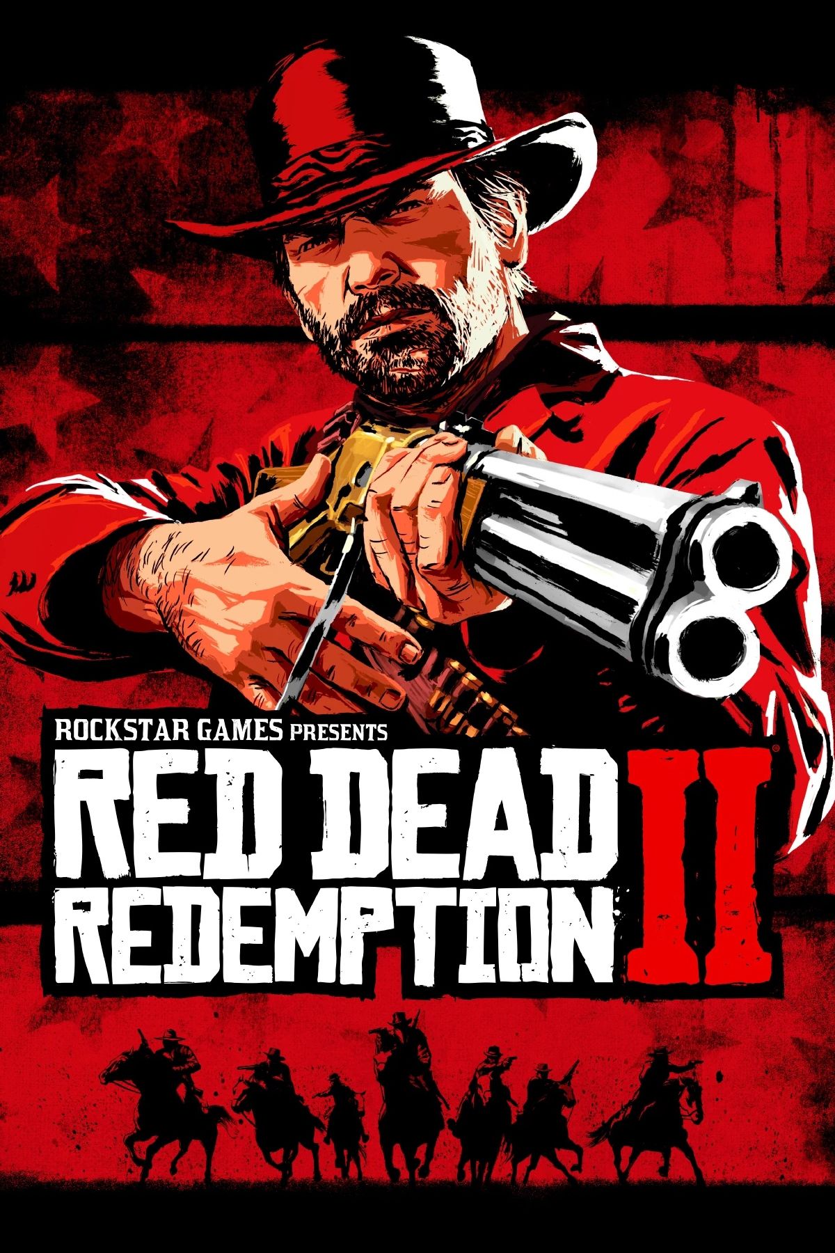 red dead redemption 2 poster with Arthur Morgan and silhouette of the gang