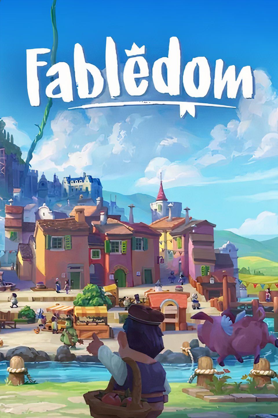 Fabledom key artwork showing part of a town with a man in the foreground.