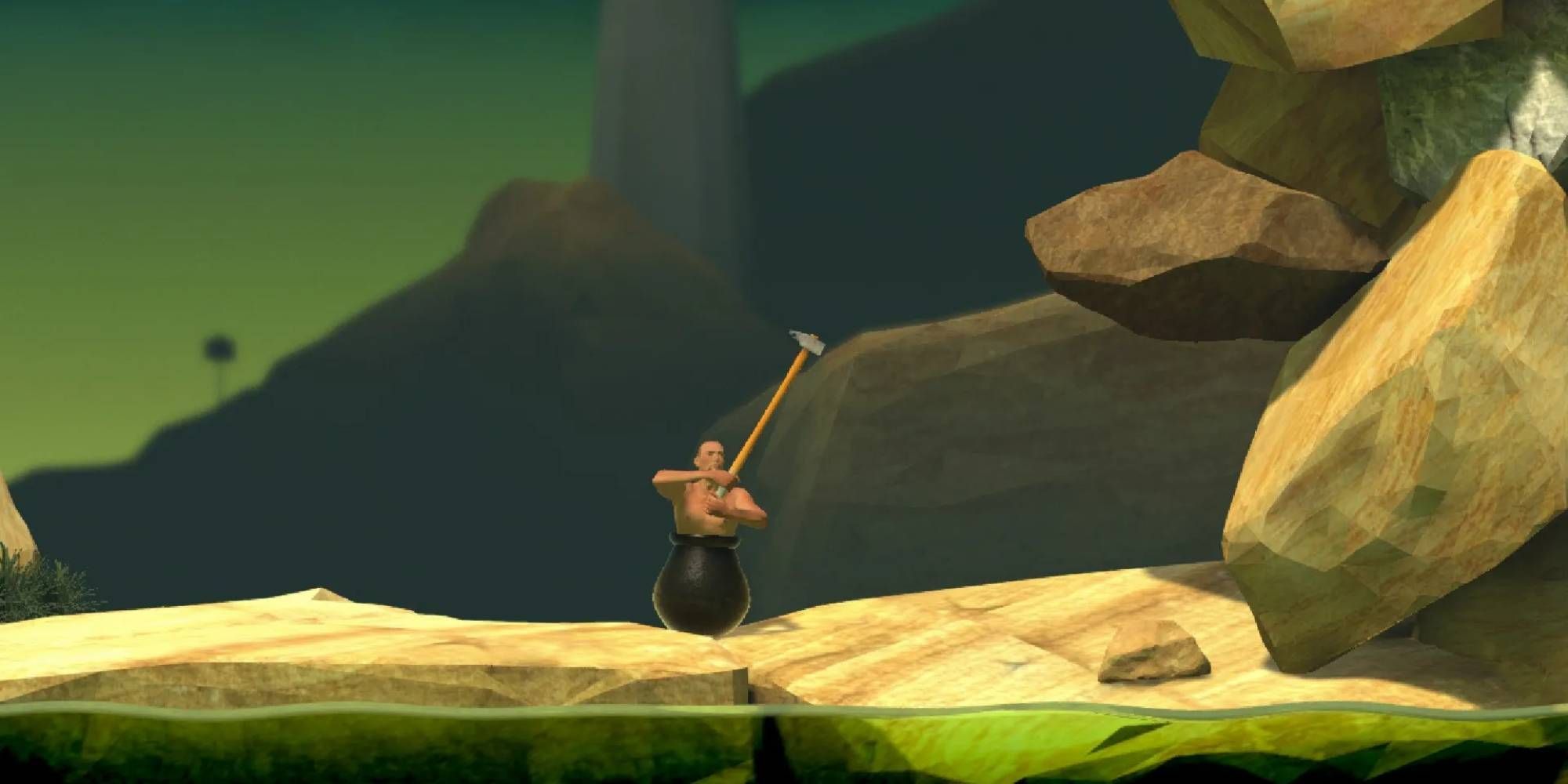 A gameplay screenshot from Getting Over It With Bennett Foddy, showing the main character sitting in a cauldron while carrying a hammer.