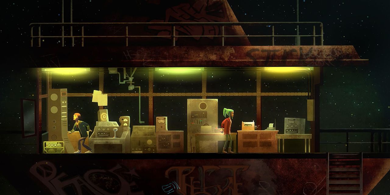 Oxenfree screenshot of two characters near machinery.