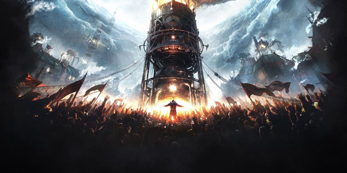 Concept art from Frostpunk, showing a political leader, a multitude, and a heat generator in the background.