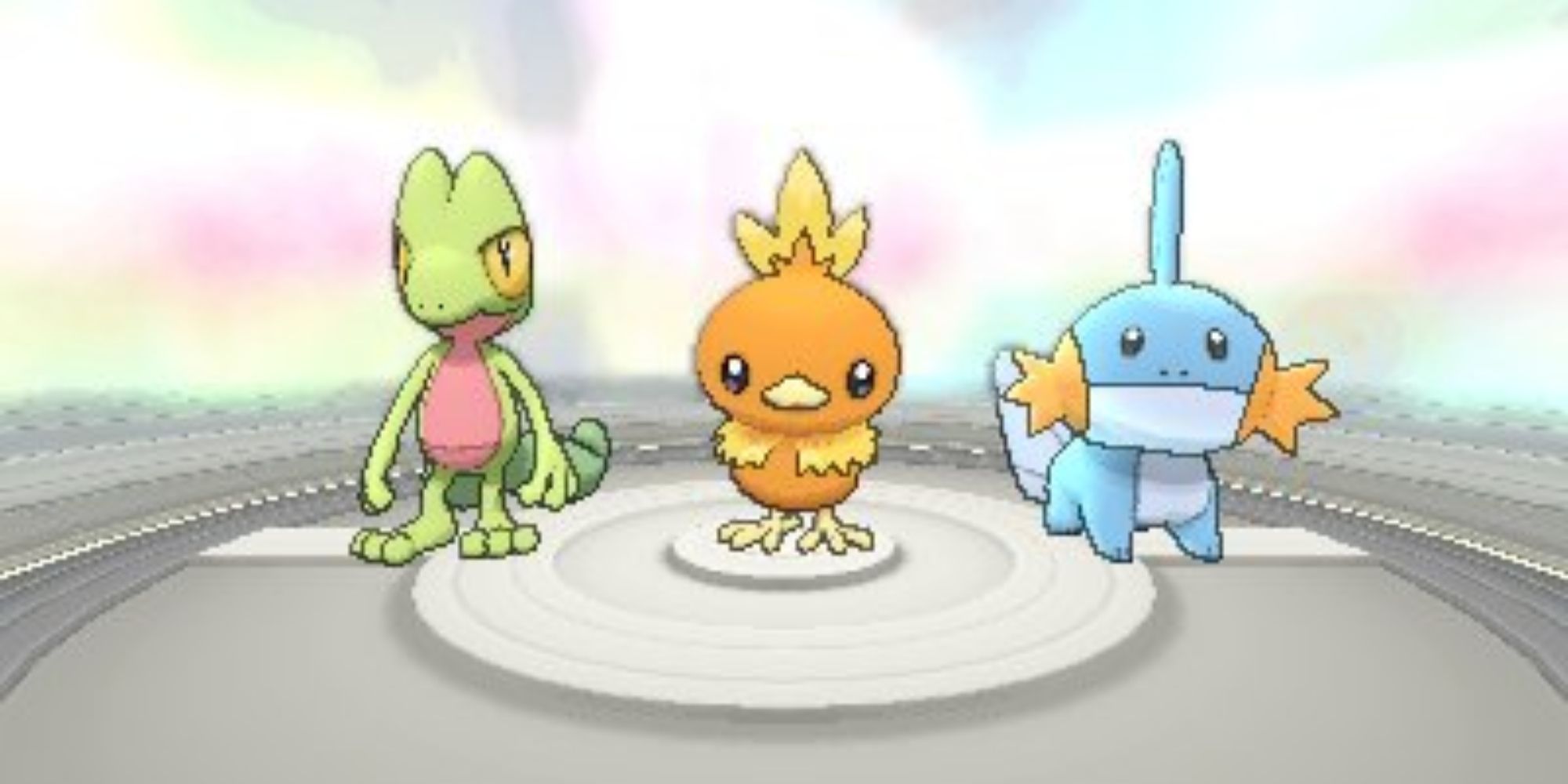 Treecko, Torchic, and Mudkip lined up in Pokemon Omega Ruby Alpha Sapphire.