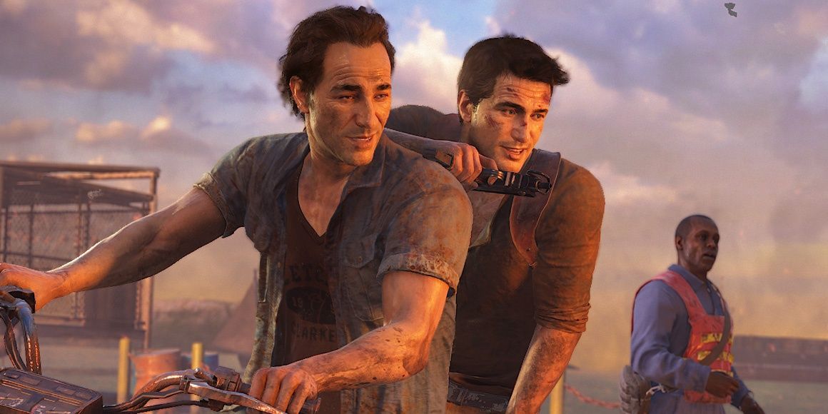 Sam and Nathan Drake on a motorbike in Uncharted 4.