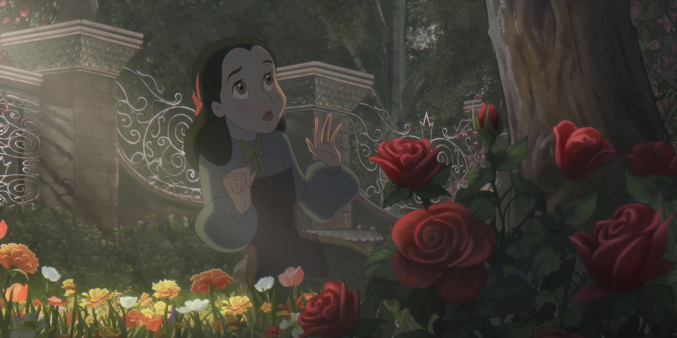 A girl looking scared surrounded by flowers in Bye Sweet Carole.