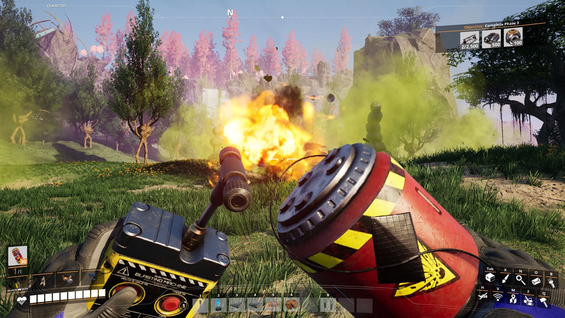 Player holding explosives and blowing up a tower in Satisfactory.