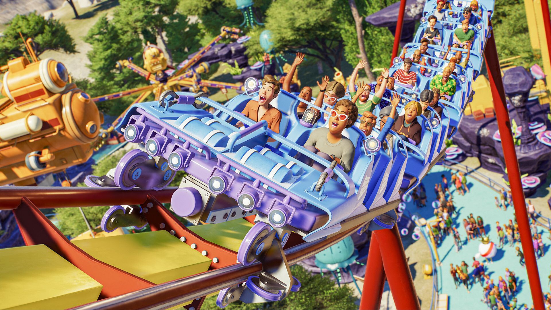 People riding a rollercoaster in Planet Coaster 2.