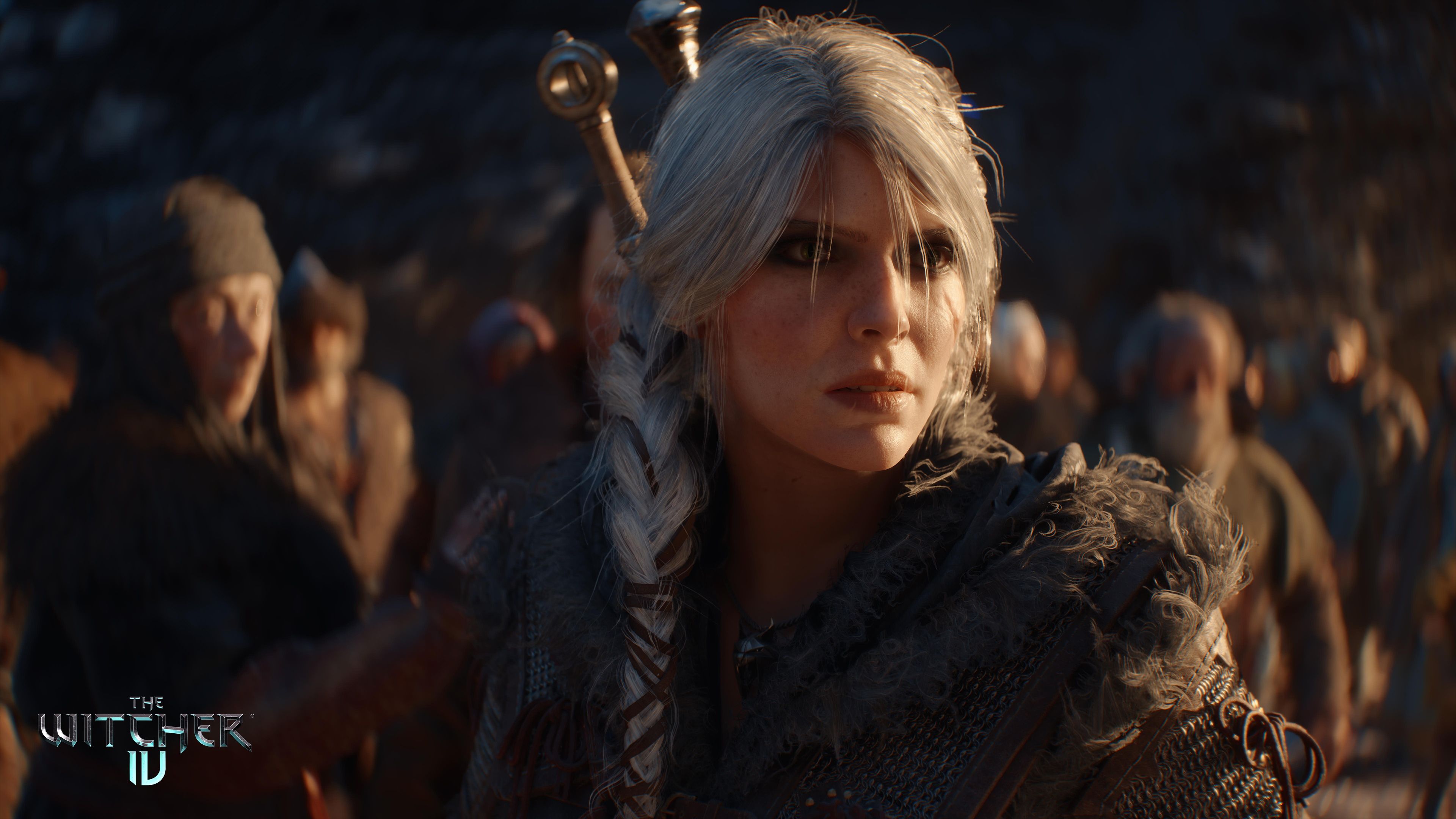 A screenshot from The Witcher 4, featuring Ciri standing in the middle of a crowd.