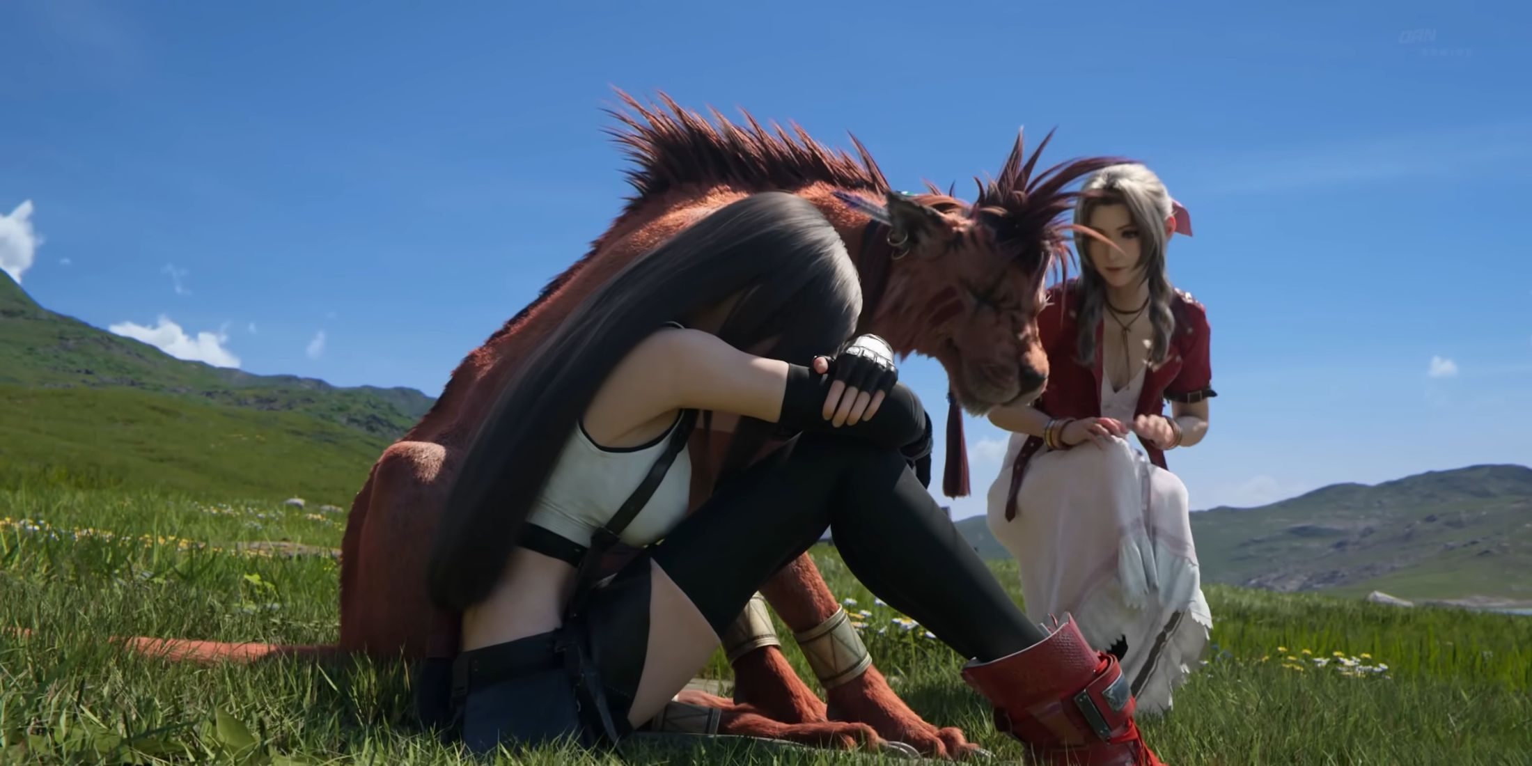 Tifa, Red 8, and Aerith sit in a grassy field.