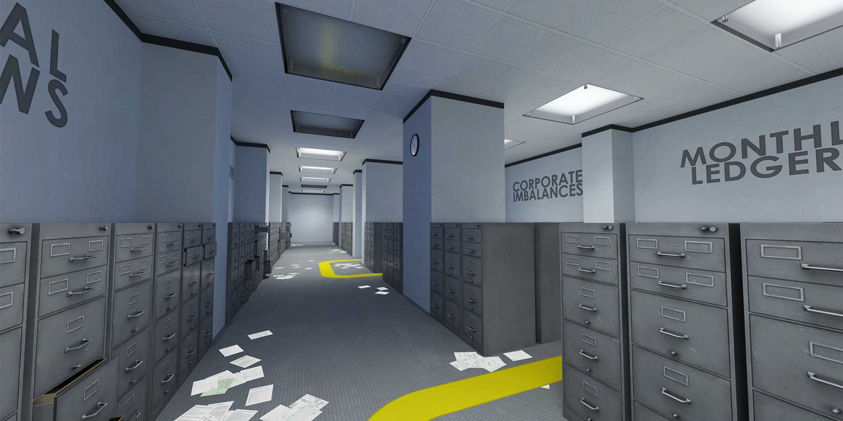 A view of a generic office space, full of filing cabinets. A yellow line runs along the floor.
