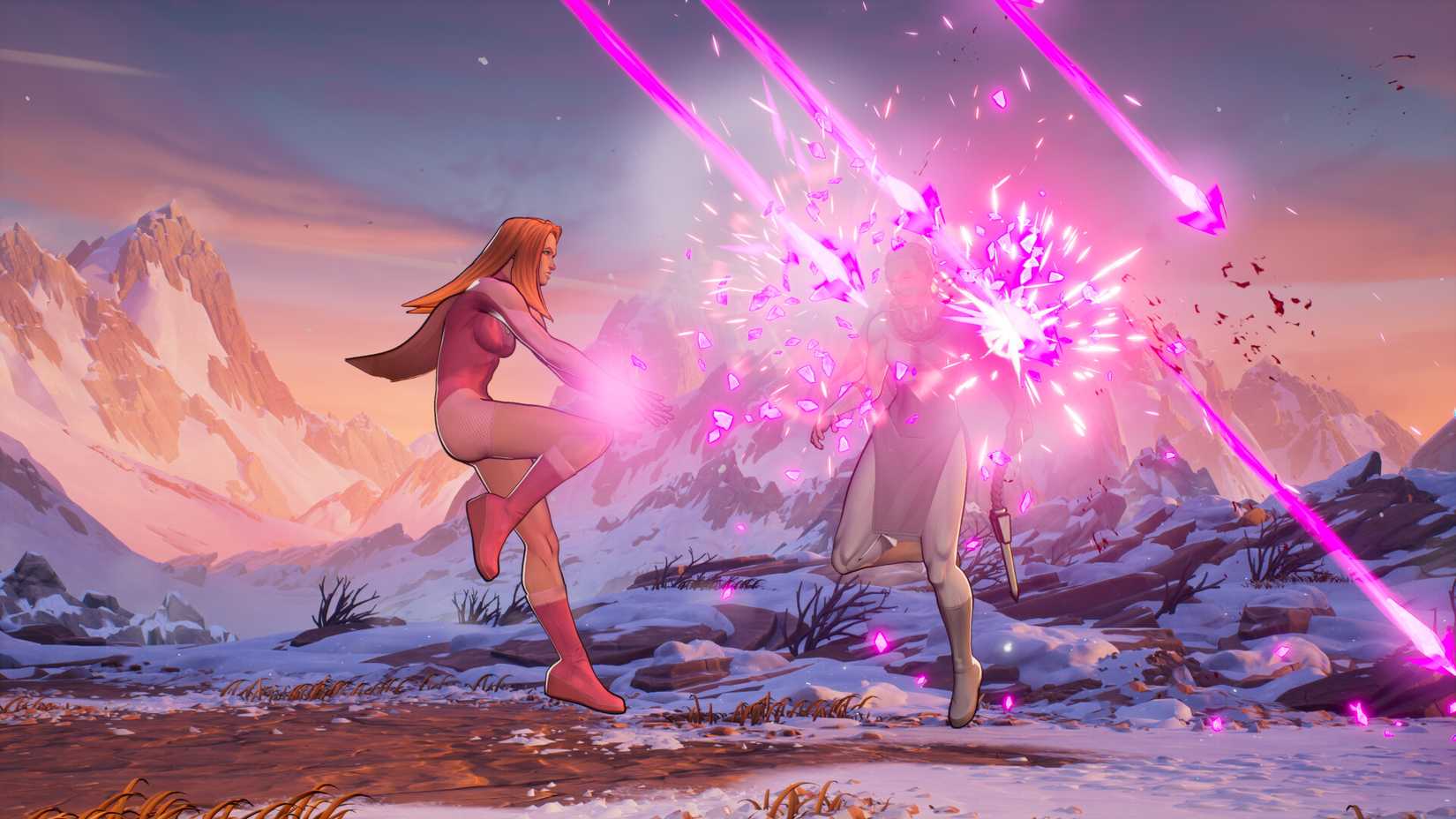 Eve shooting pink arrows to her enemy in Invincible VS.