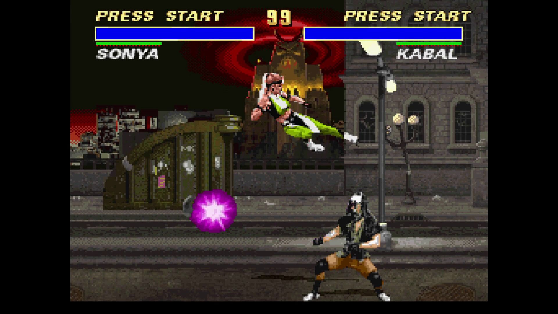 Sonya jumping towards Kabal in Mortal Kombat Legacy Kollection.