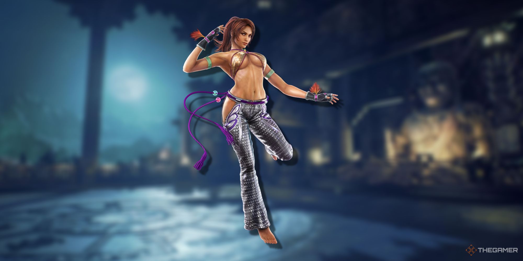 Christie Monteiro from tekken in front of the stage background