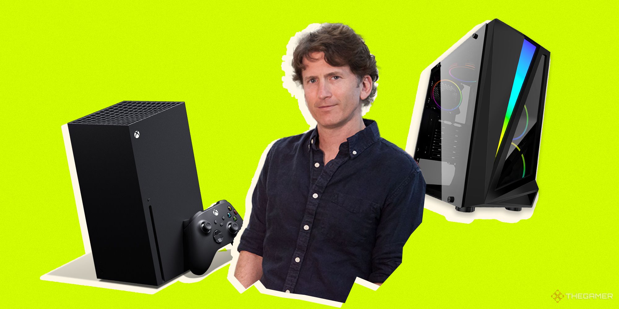 Todd Howard cutout over a lime green background with an Xbox Series X on the left and a gaming PC rig on the right