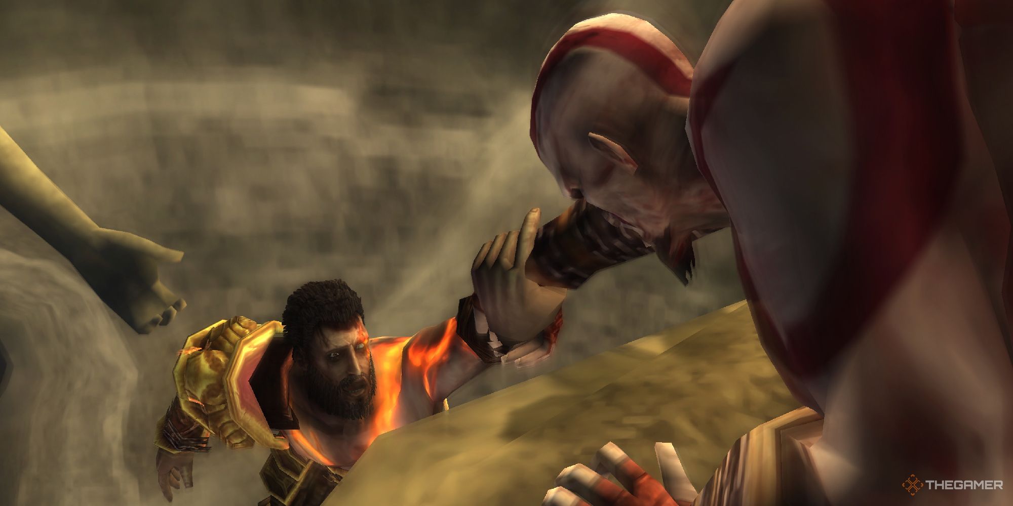Ghost of Sparta Kratos reaching for his brother over a cliff