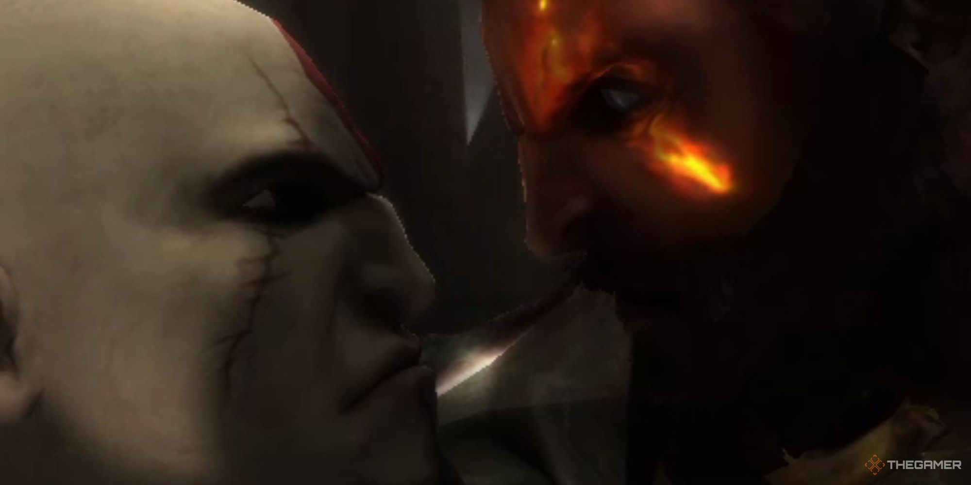 Ghost of Sparta Kratos and Deimos face to face, nearly touching