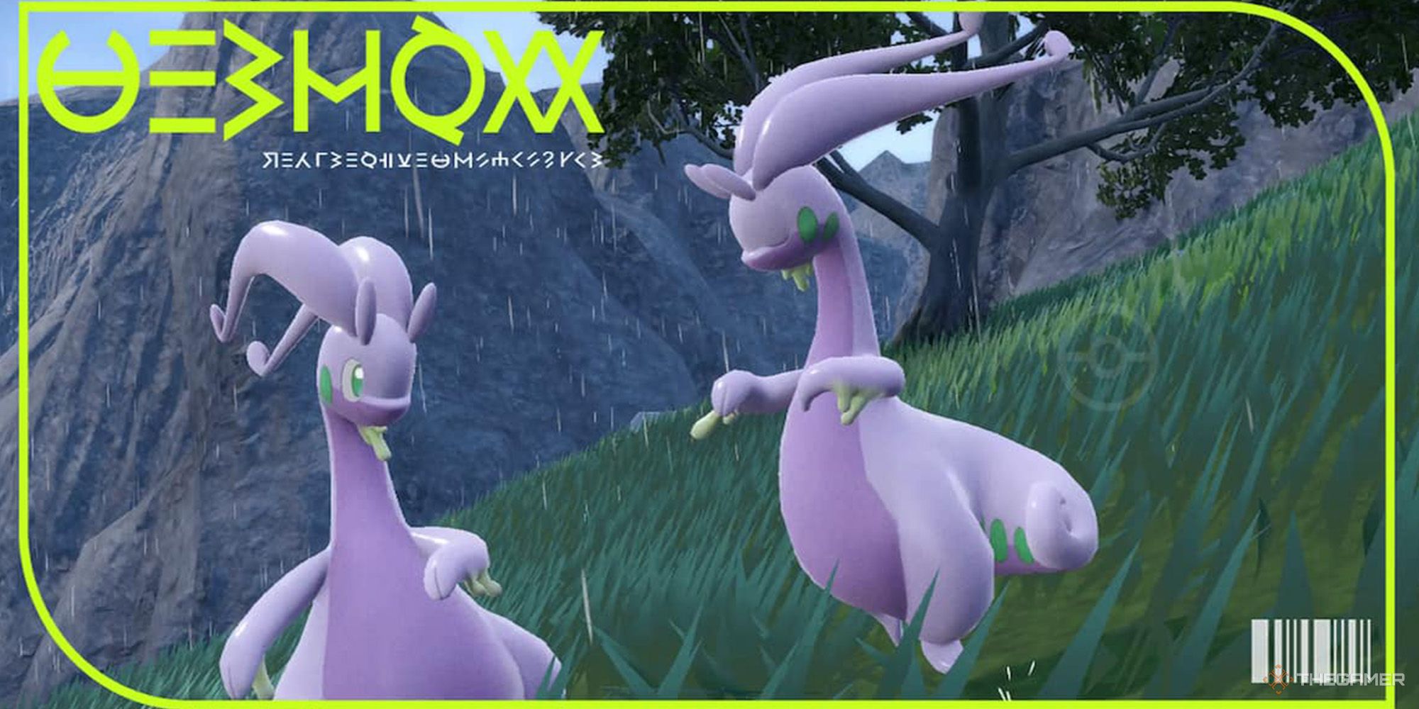 Goodra's Pokedex entry shows two of the Pokemon in a wooded environment, overshadowed by a mountain.