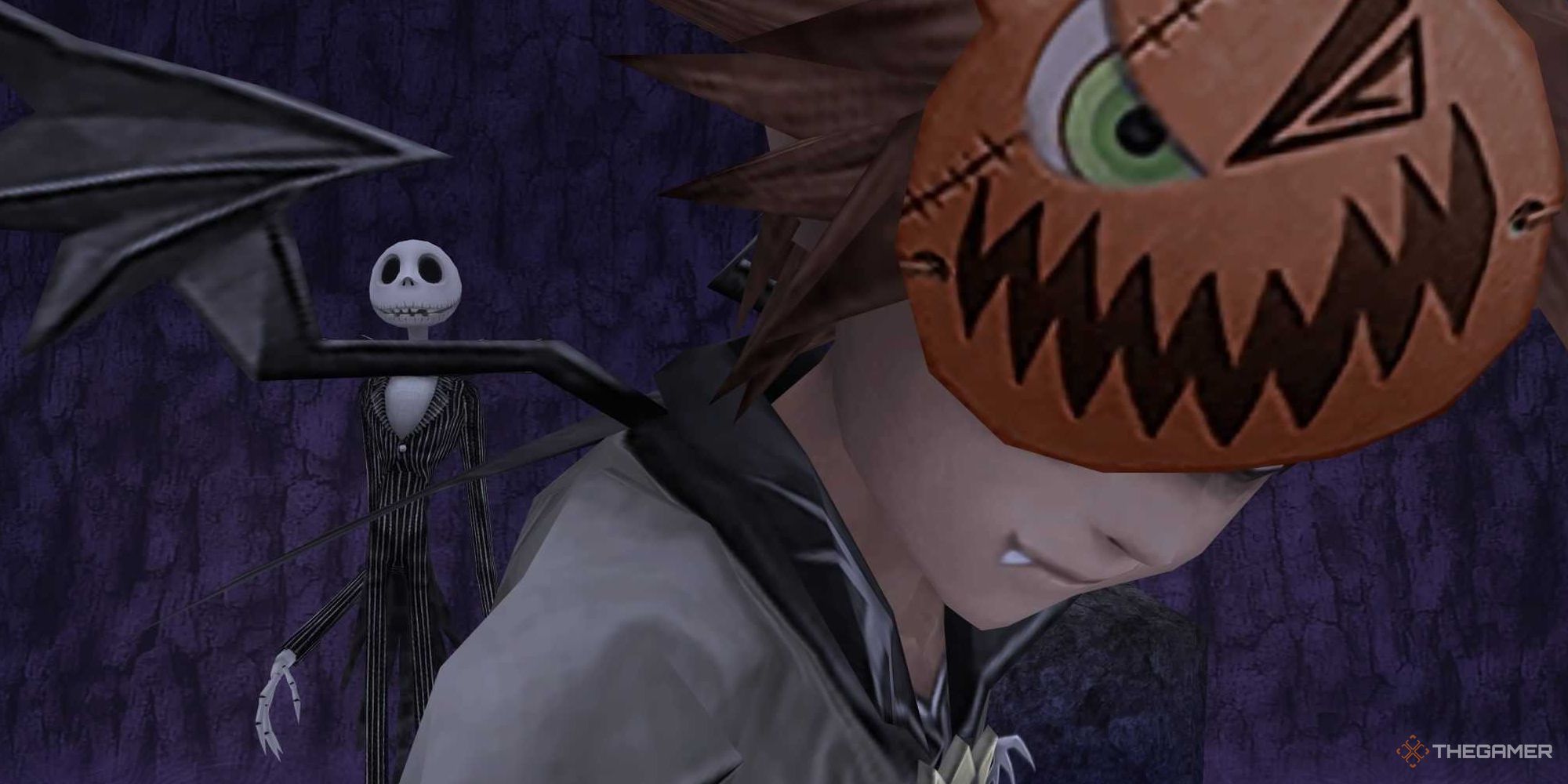 Sora in Nightmare Before Christmas costume looking down while Jack Skellington stands in the background