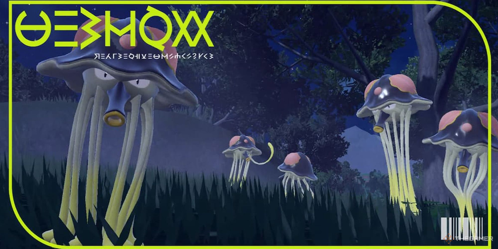 Toedscruel gathering in a dark forest in their Pokedex image from Pokemon Scarlet & Violet.