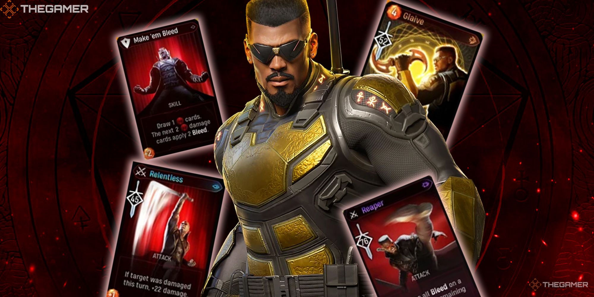 Blade, in his Midnight Suns uniform, stands against a mystical red background surrounded by glowing cards.