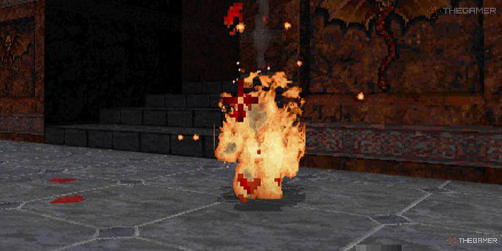 Blood enemy on fire, running from a staircase in front of a dragon mural