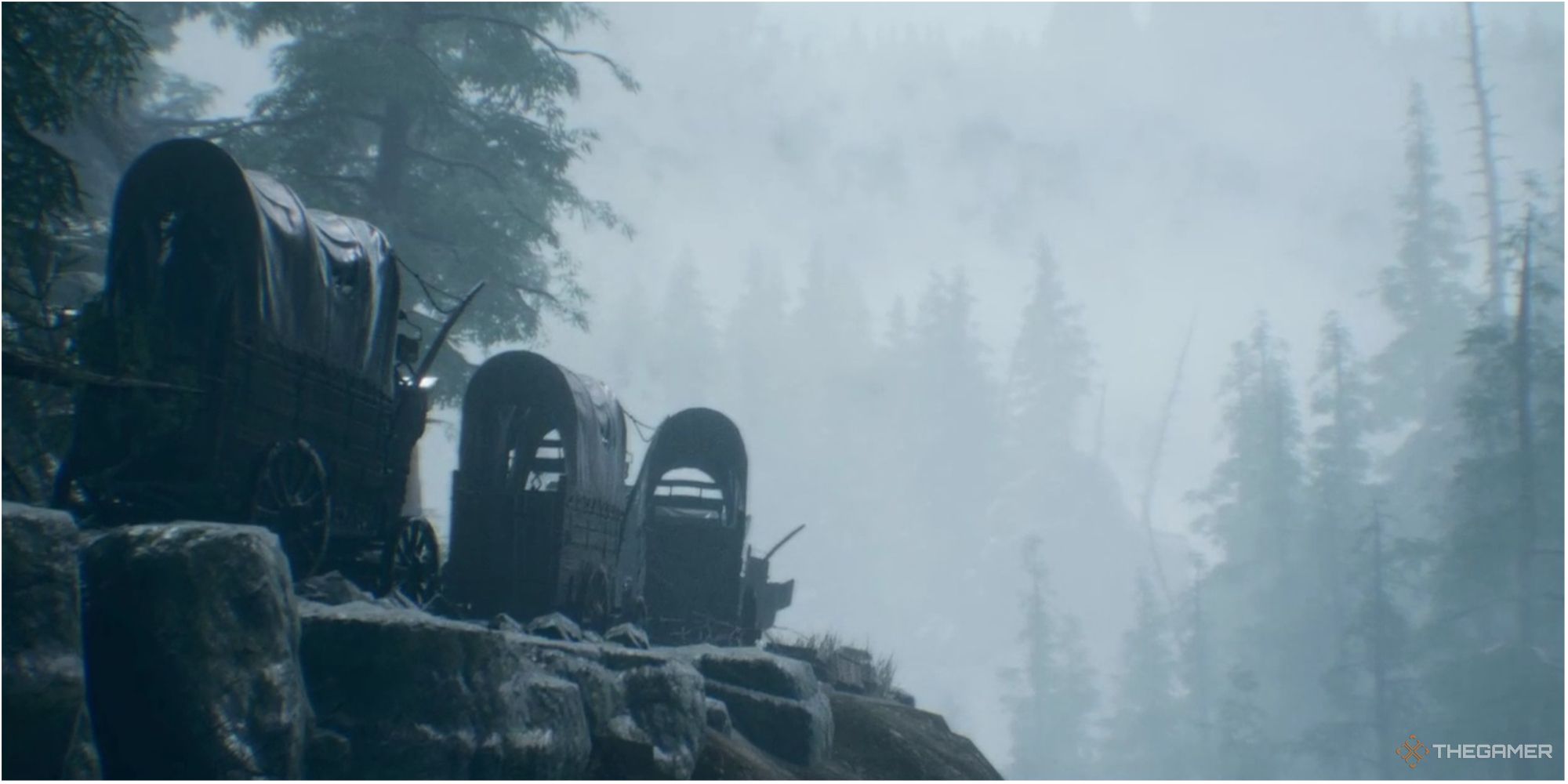Evil West: Ruined Wagons In A Fog Filled Forest