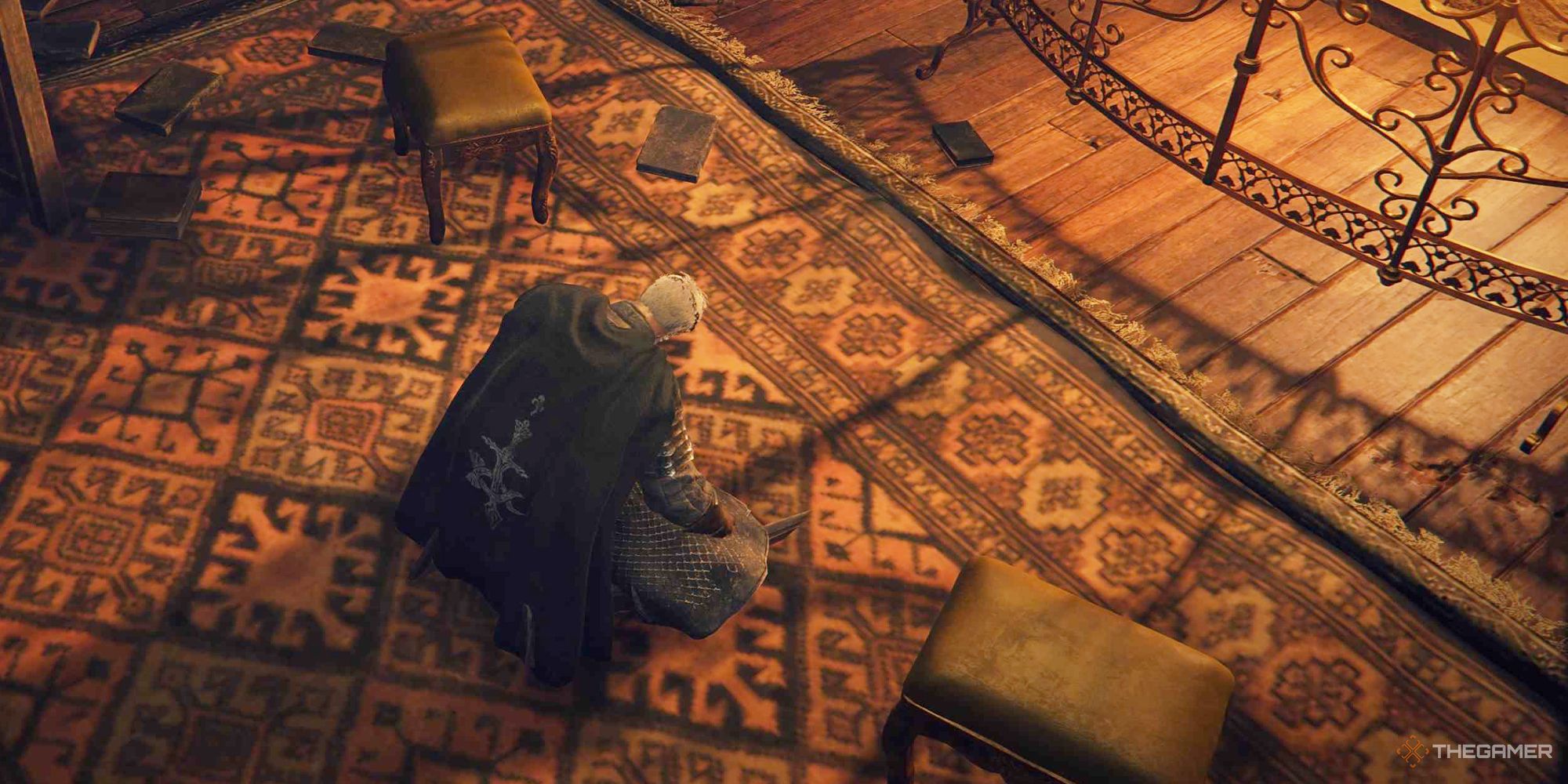 Elden Ring character meditating by a fire place on a patterned rug, next to two stools on either side