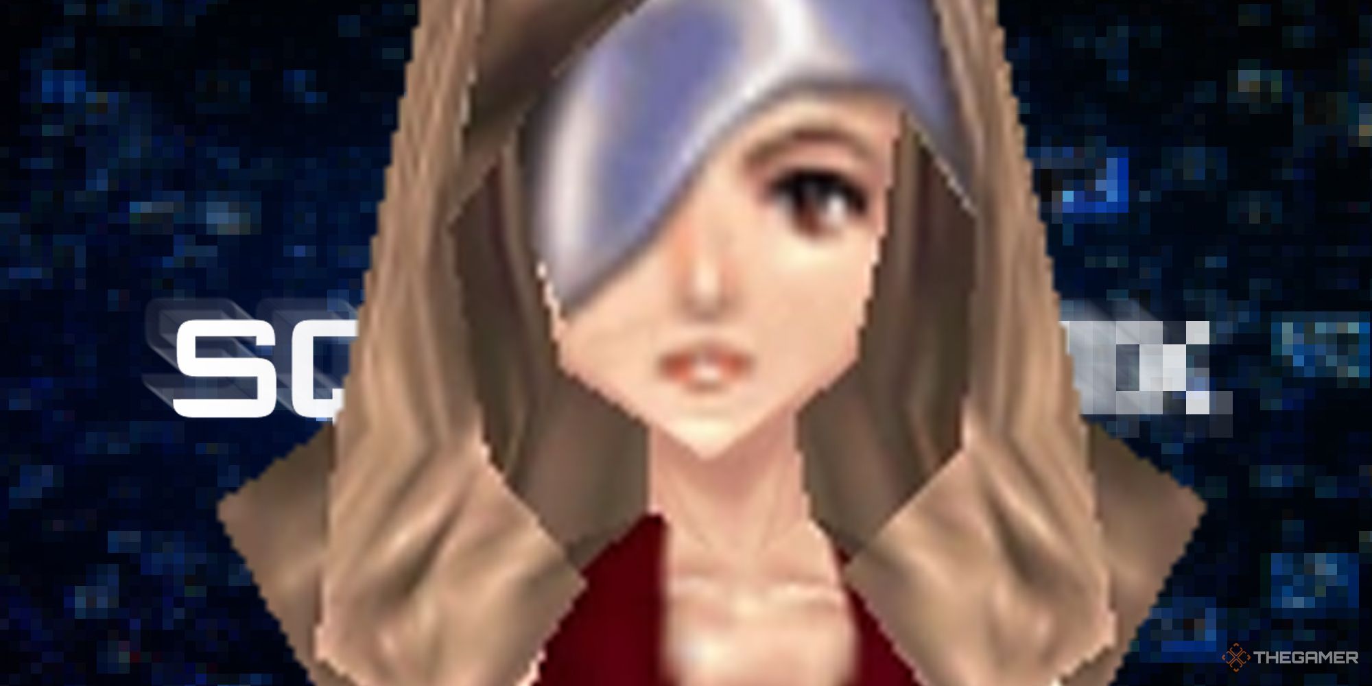 Final Fantasy 9's Beatrix in front of Square Enix logo over blue blockchain background 
