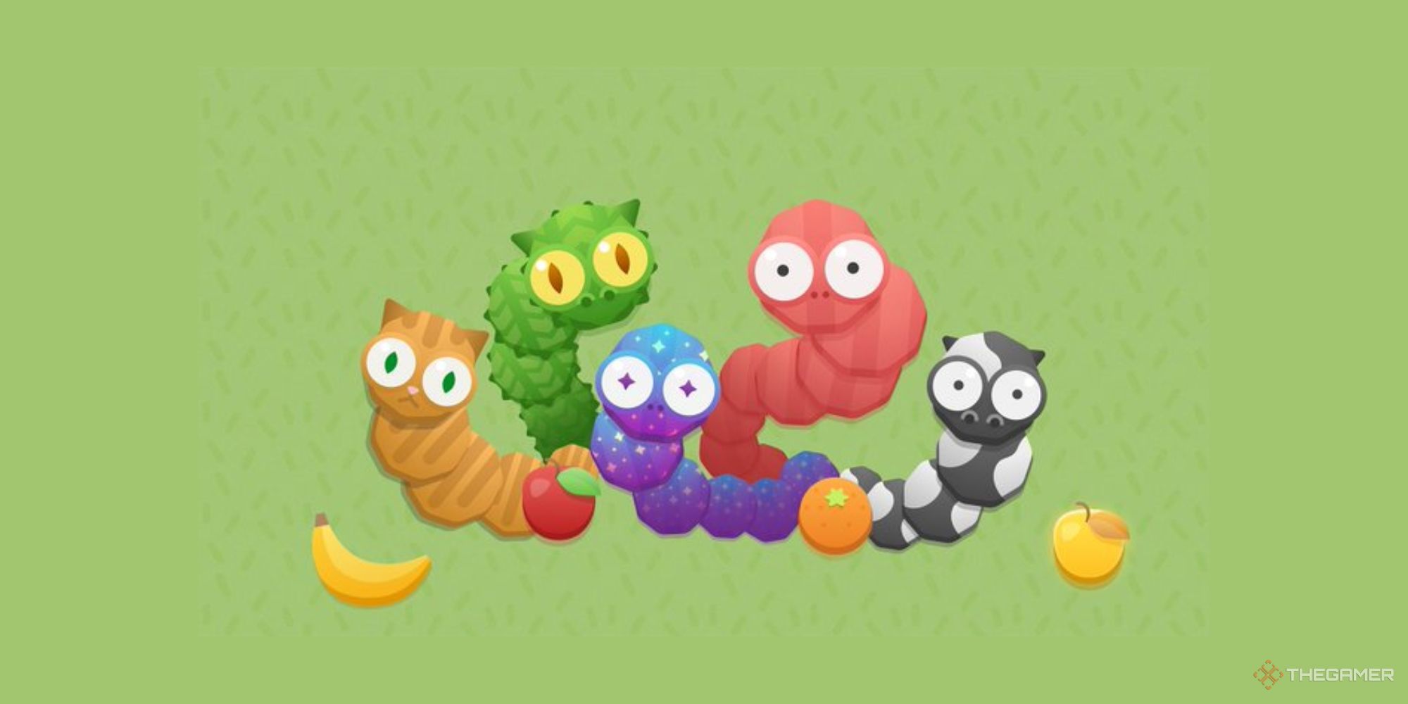 Five cartoon worms sit in front of a green background. One has the face of a cat, another the face of a dragon, another the face of a cow.