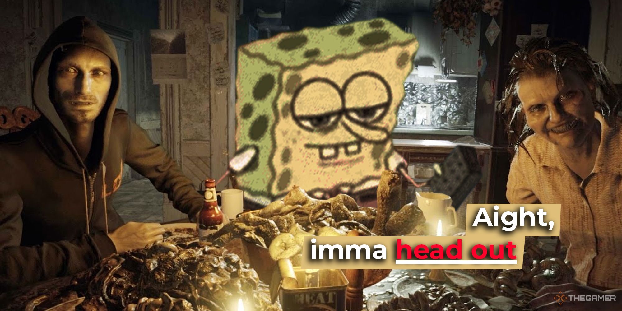 SpongeBob excuses himself from the Baker dinner table after seeing the grotesque feast.