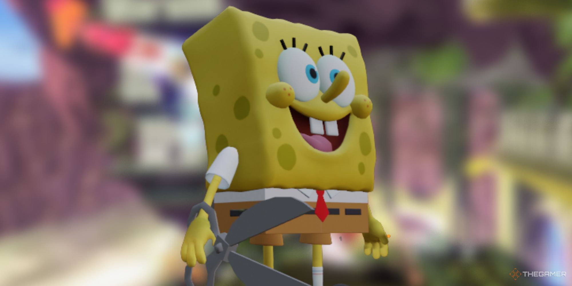 SpongeBob holds some scissors in front of a blurry, colourful background