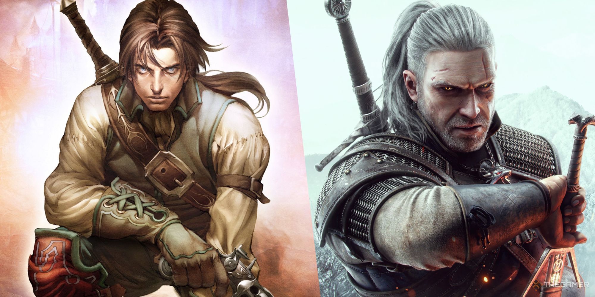 Left: box art for Fable 2, showing a male player character. RIght: box art for The Witcher 3, showing Geralt wielding a sword. 