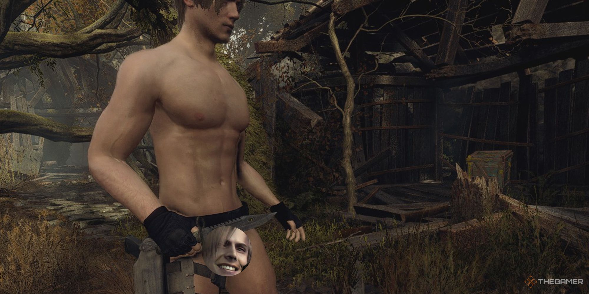 A mostly nude Leon Kennedy, with his willy censored by an image of his face