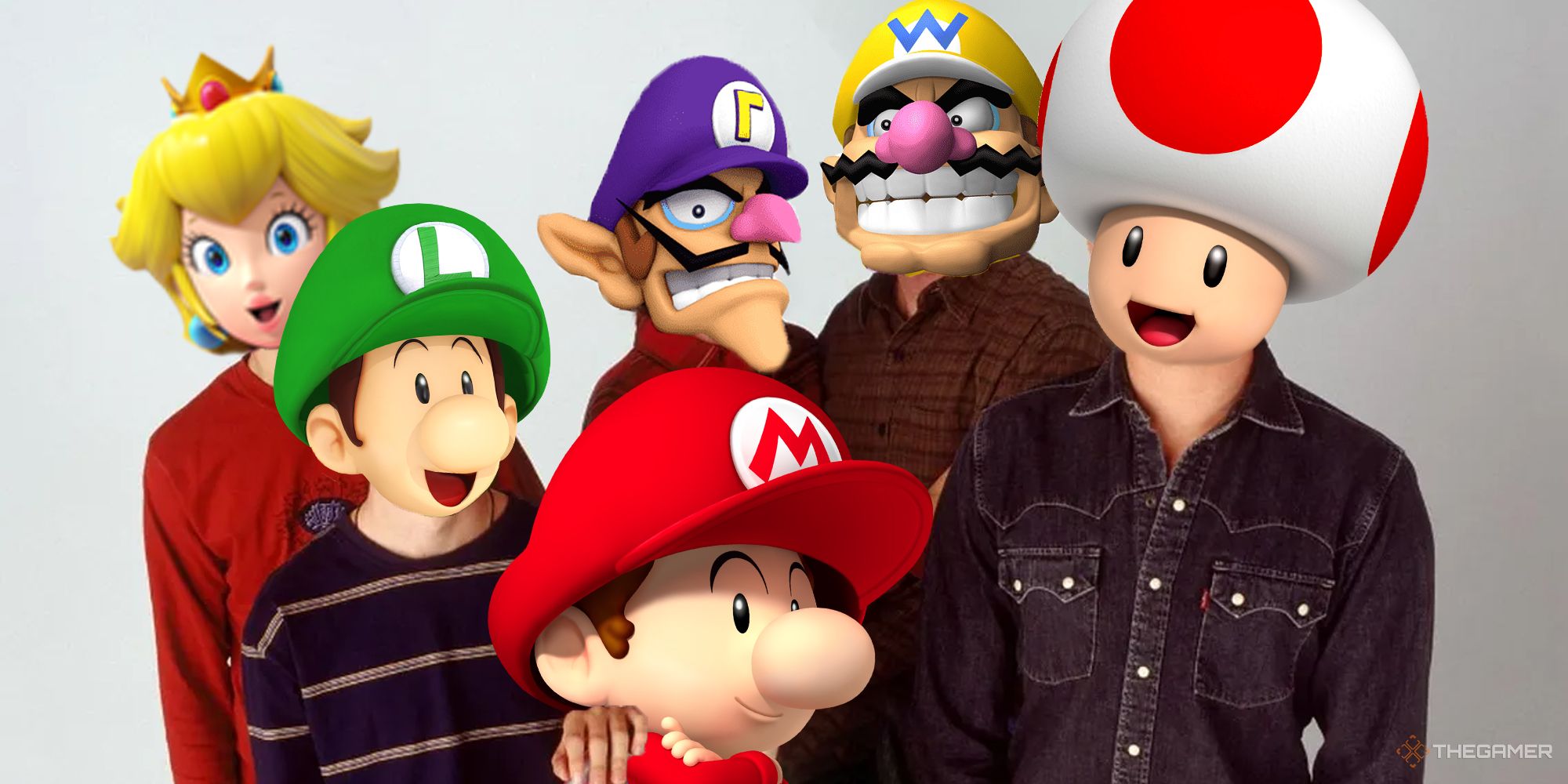 Princess Peach, Baby Luigi, Waluigi, Baby Mario, Wario, and Toad stand together in a sitcom-style family portrait.