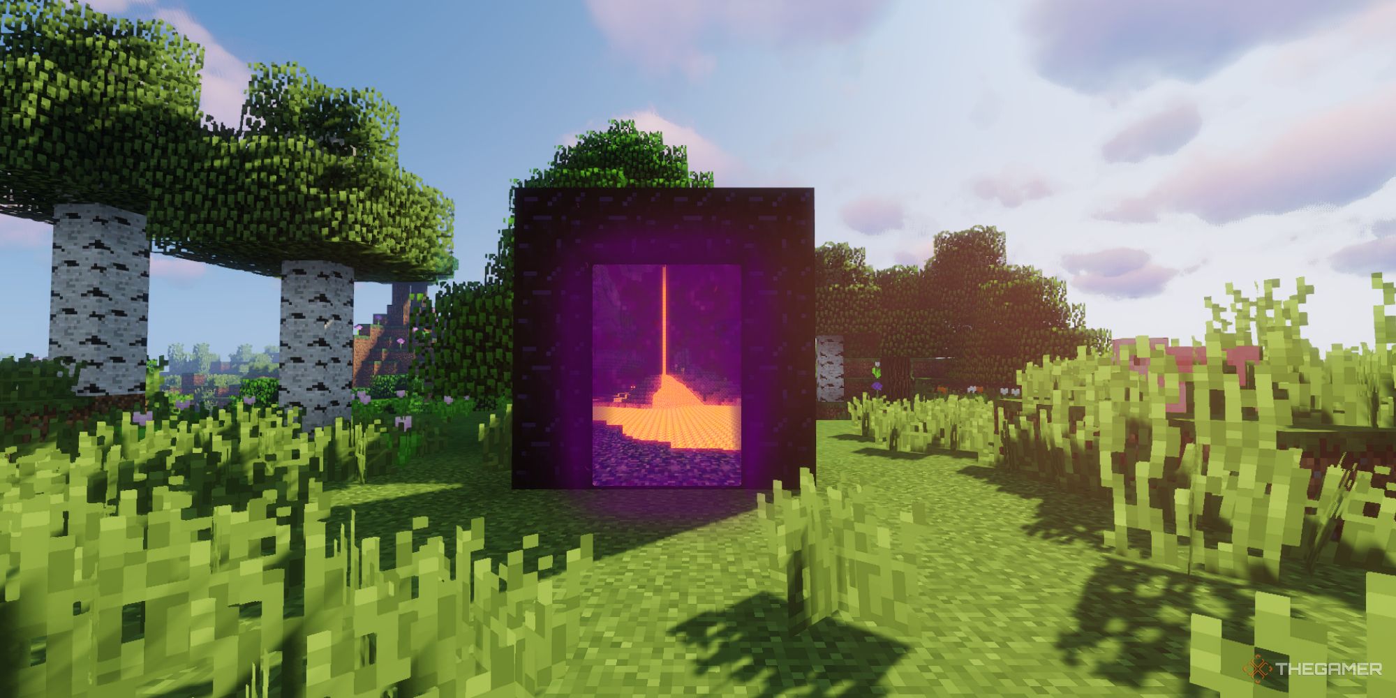 Minecraft With Shaders: a Nether portal is in a field, the Nether visible through it.