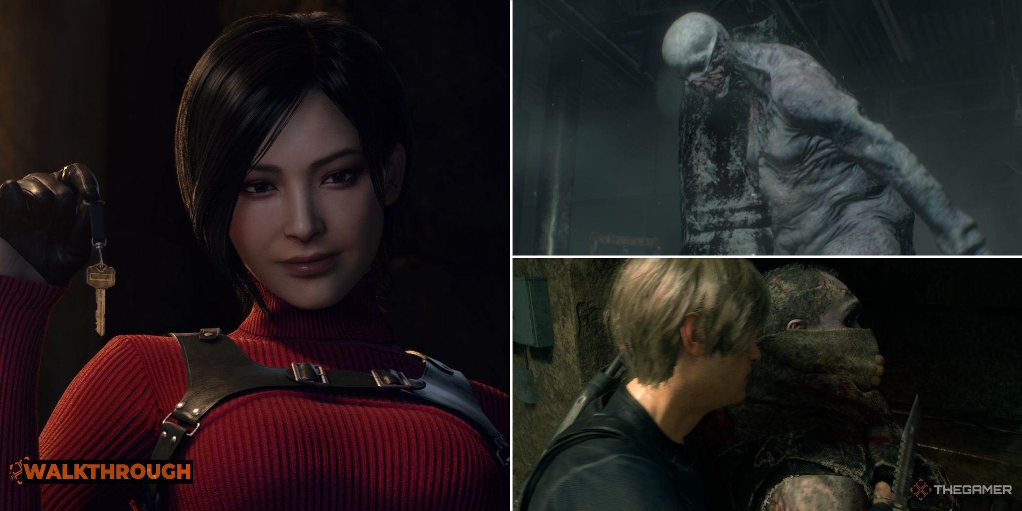 Ada Wong, Leon Kennedy, a Ganado, and a Regenerador in Resident Evil 4 Remake