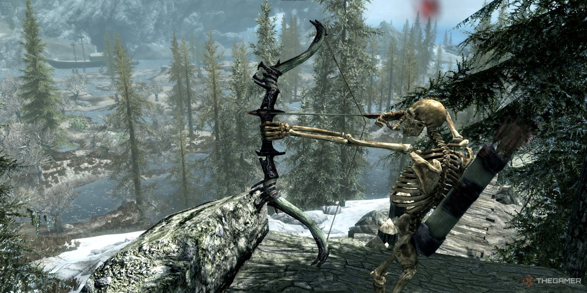 Skyrim The Best Bows In The Game Ranked   Skeleton Aiming An Ancient Nord Bow In Skyrim 