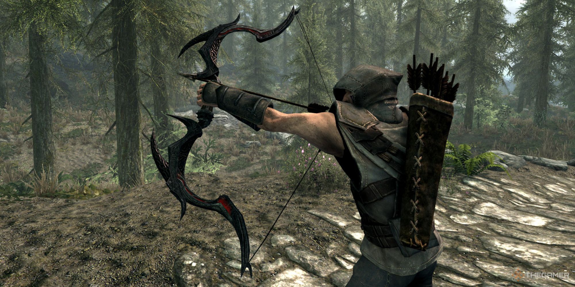 The Player Holding a Daedric Bow in Skyrim