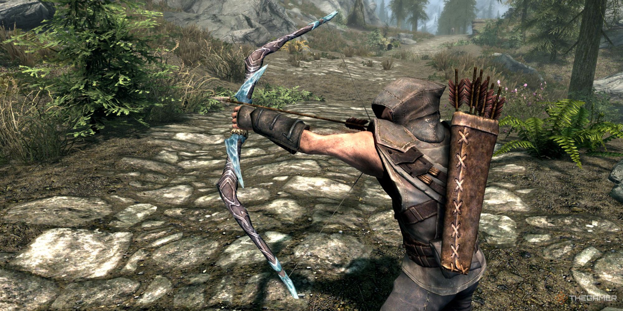The Player Holding a Stalhrim Bow in Skyrim