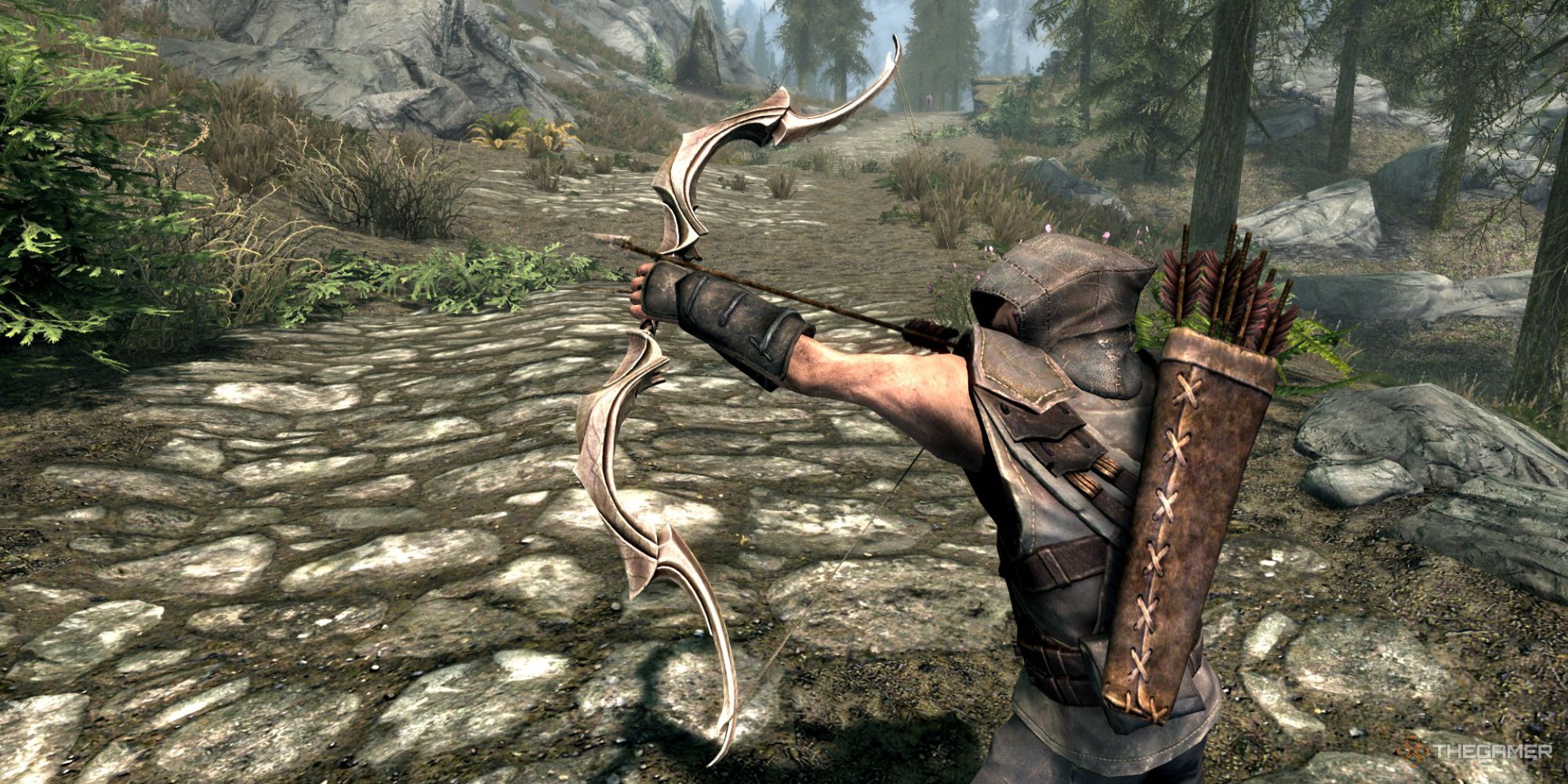 The Player Holding Auriels Bow in Skyrim