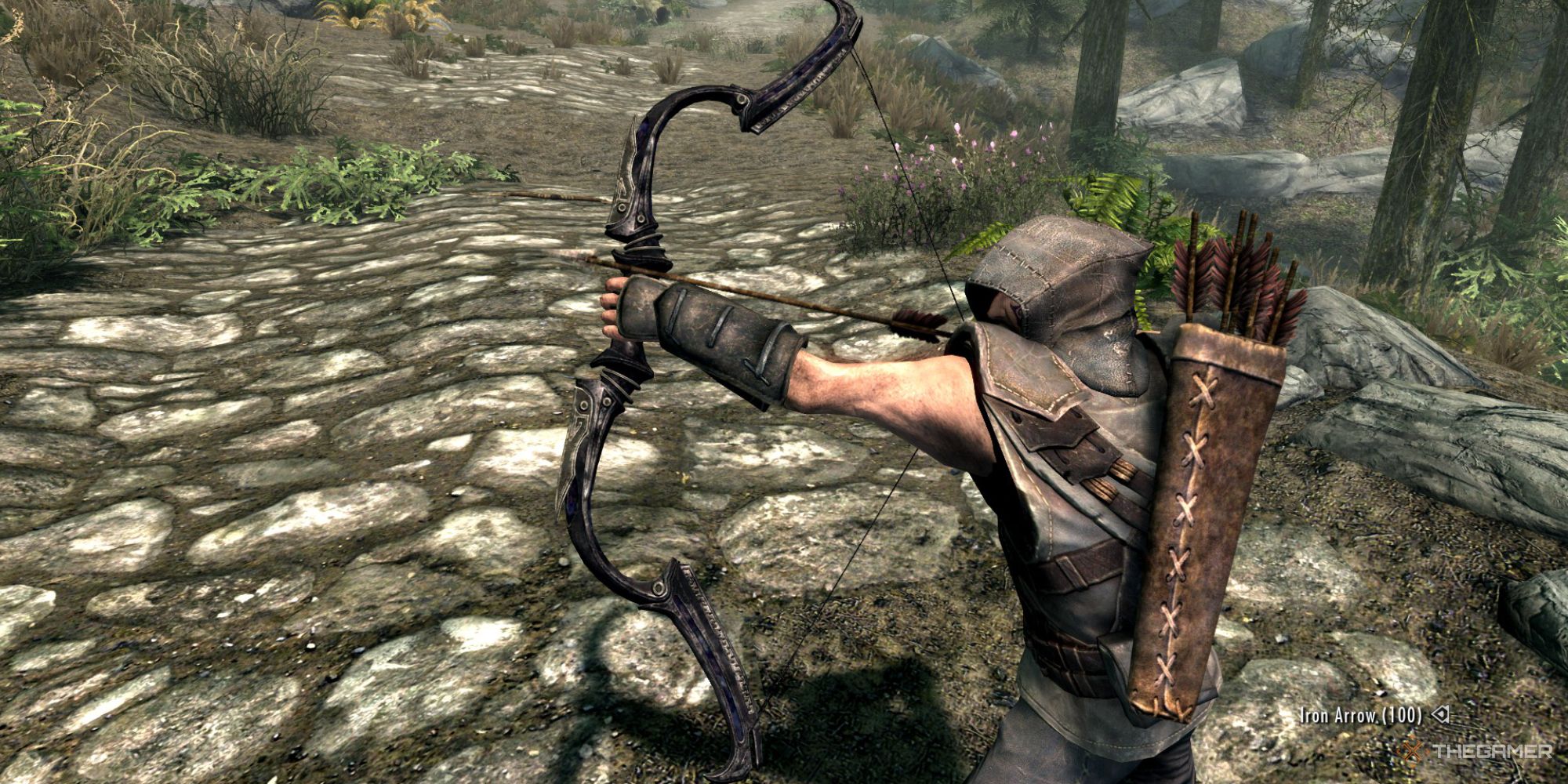 The Player Holding The Dwarven Black Bow of Fate in Skyrim