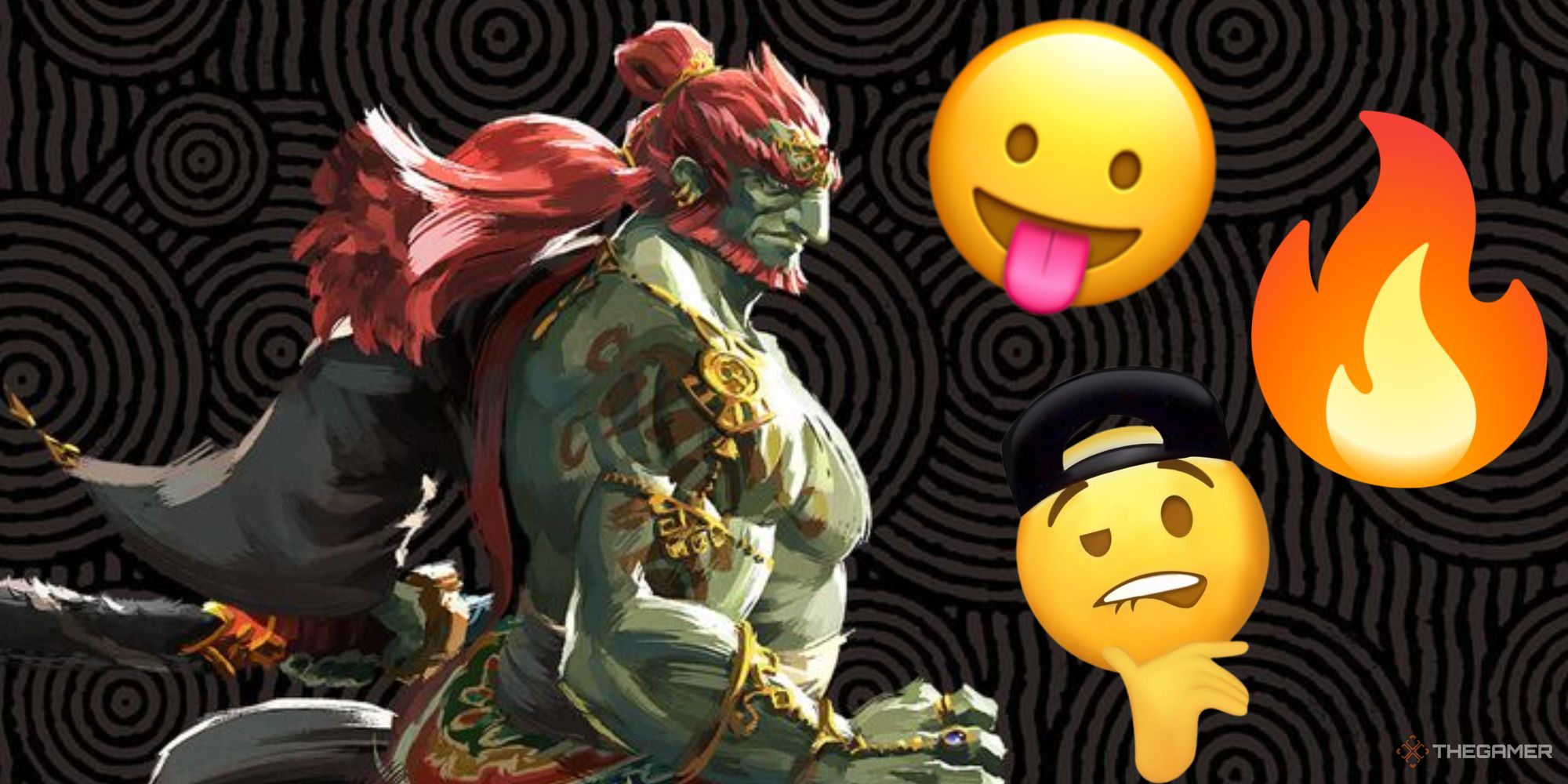 Ganondorf new look in Tears of the Kingdom. Next to him are several cartoon faces that suggest he is attractive.