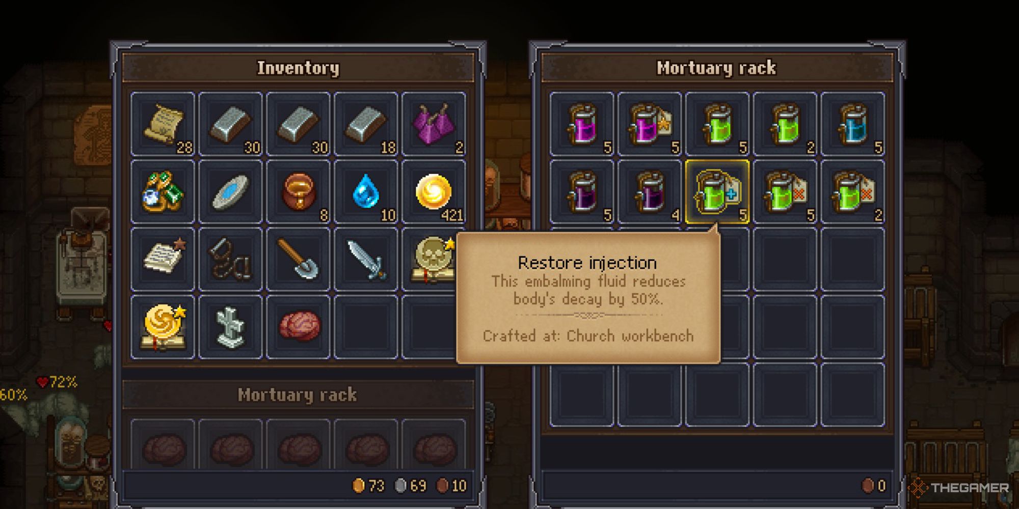 Graveyard Keeper Screenshot of an inventory full of injections